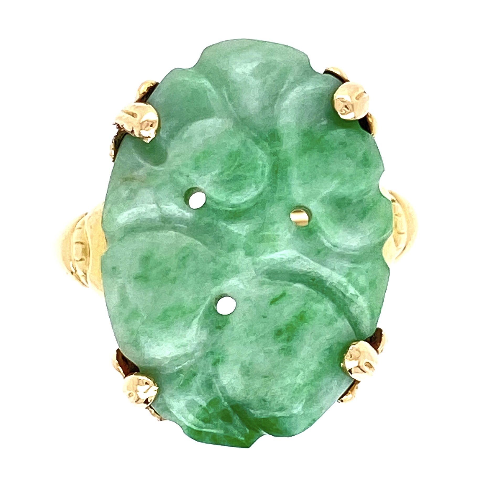 10K Yellow Gold Carved Jade Ring 2.75g