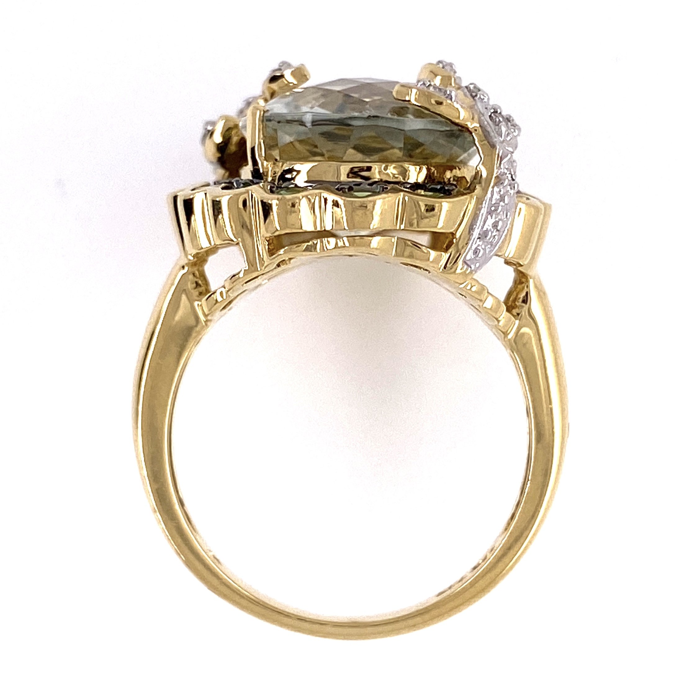 18K Yellow Gold 7ct Checkerboard Prasiolite Ring with Tsavorites and .16tw diamonds 10.4g, size 7.25