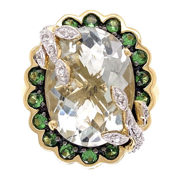 Closeup photo of 18K Yellow Gold 7ct Checkerboard Prasiolite Ring with Tsavorites and .16tw diamonds 10.4g, size 7.25