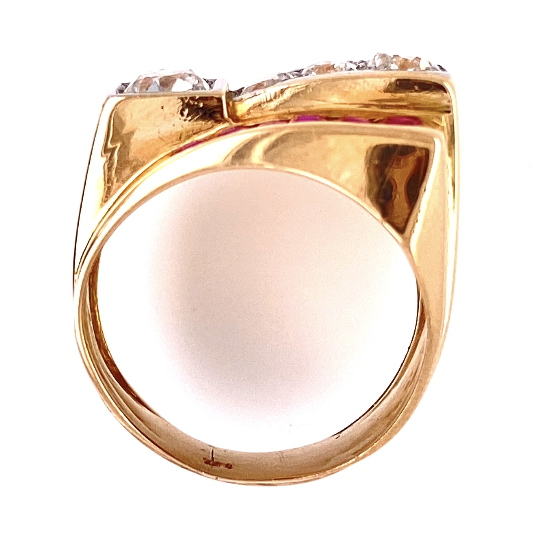 14K Rose Gold Retro Ring c1940's 4 diamonds .90tcw, synthetic rubies, 7.6g, s5.5