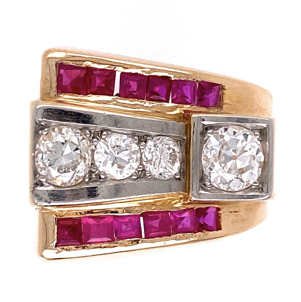 Closeup photo of 14K Rose Gold Retro Ring c1940's 4 diamonds .90tcw, synthetic rubies, 7.6g, s5.5