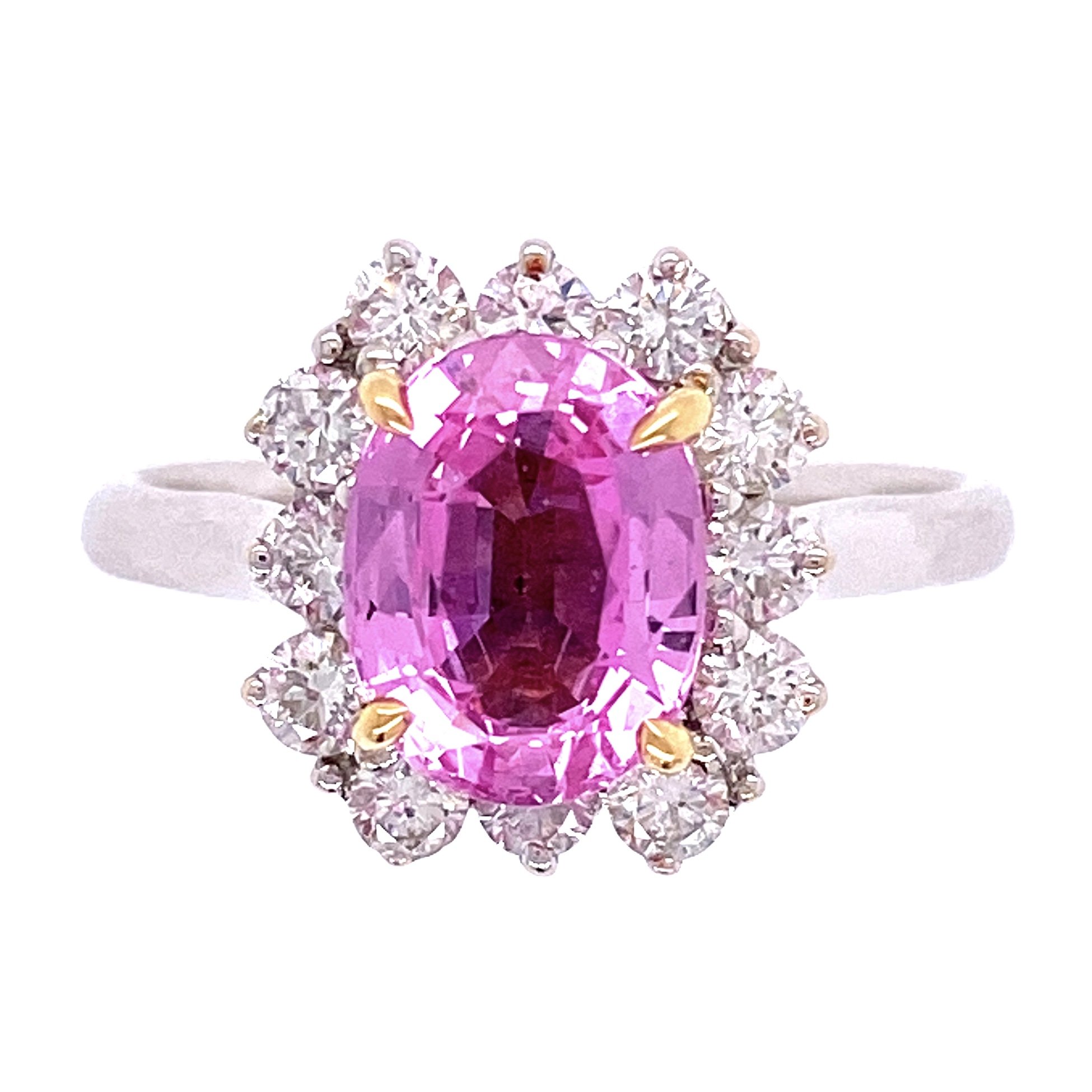 18K 2tone 2.32ct Oval Pink Sapphire & .61tcw Ring c1960's, s6.75