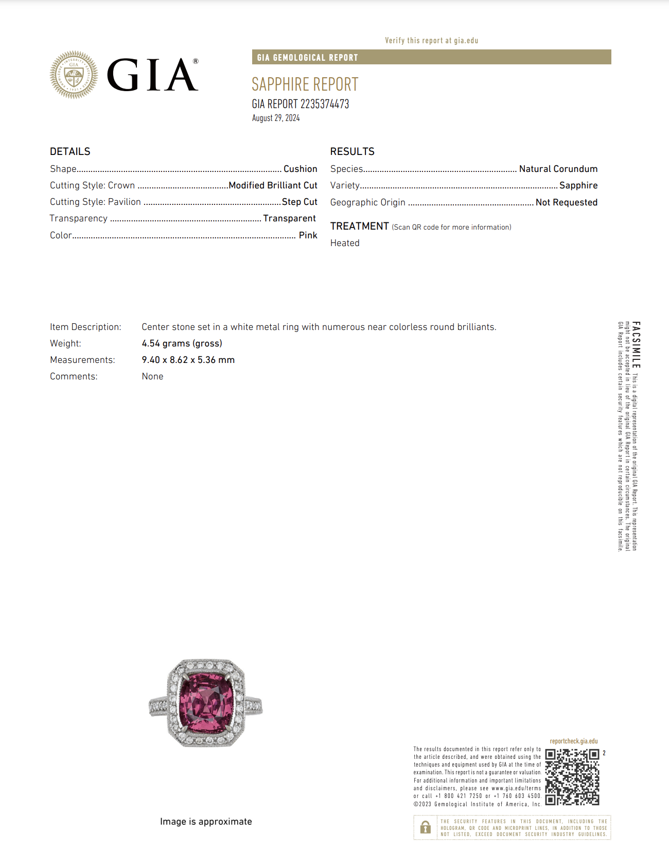 18K White Gold 3.75ct Cushion Pink Sapphire GIA & .55tcw Pave Diamonds Engraved Ring, s6.25