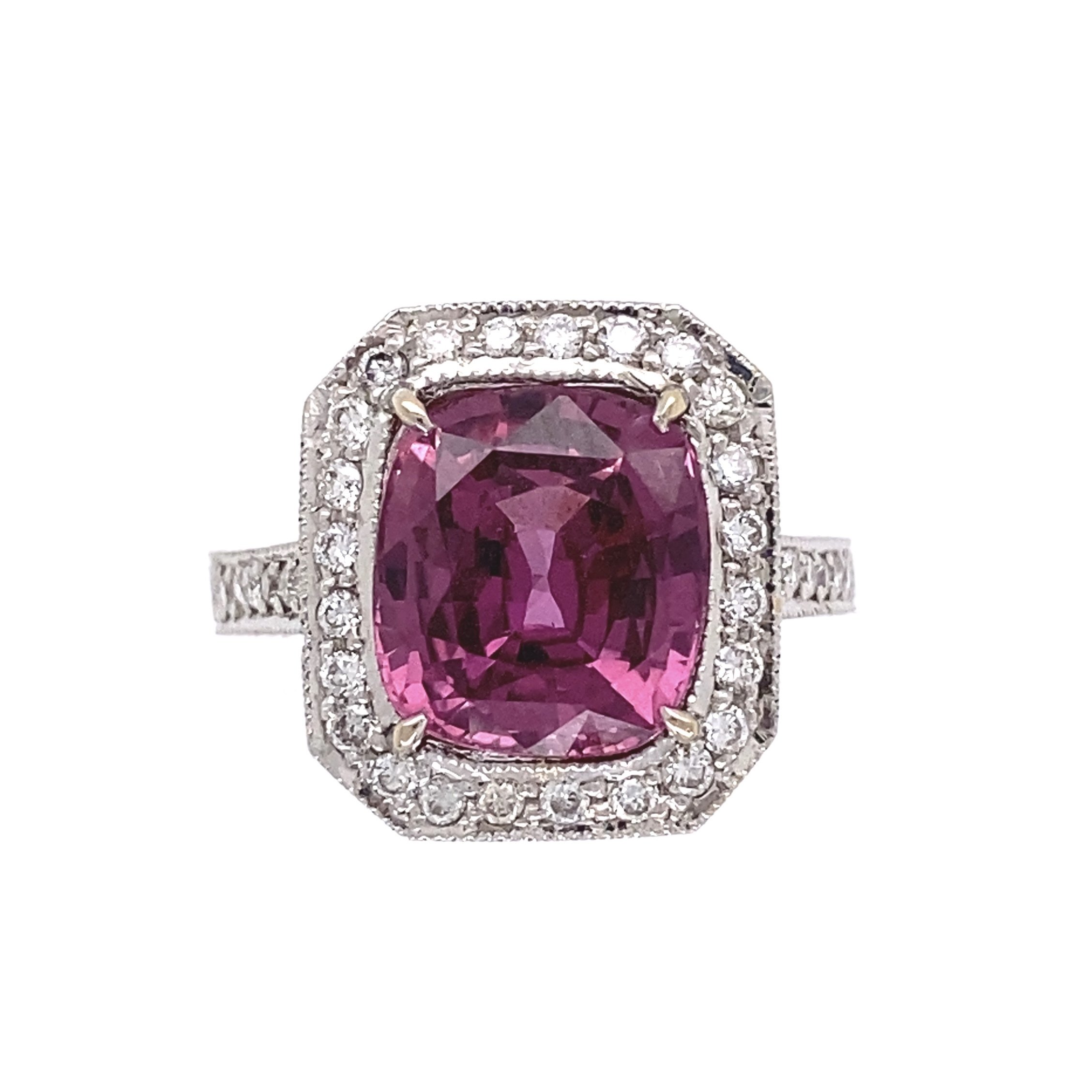 18K White Gold 3.75ct Cushion Pink Sapphire Ring. .55tcw pave diamonds, engraving, s6.25