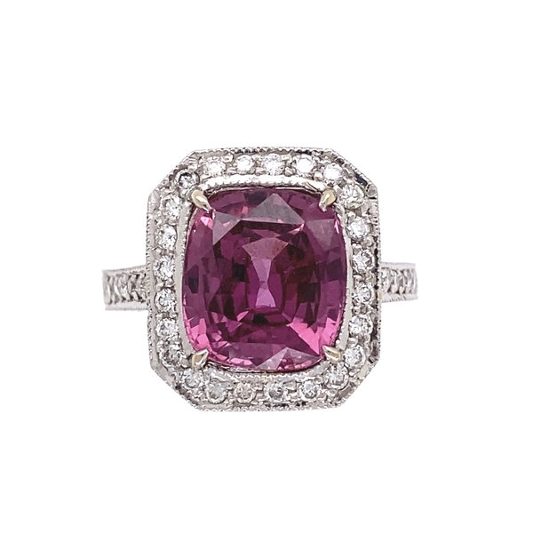 Closeup photo of 18K White Gold 3.75ct Cushion Pink Sapphire GIA & .55tcw Pave Diamonds Engraved Ring, s6.25