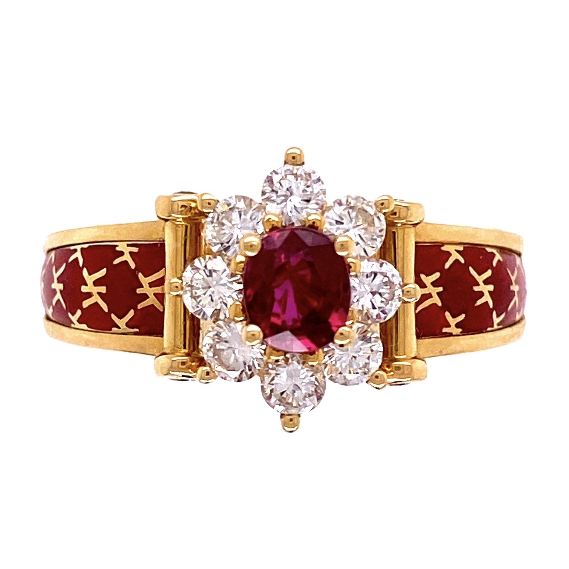 18K Yellow Gold French Red Enamel Ring, .45ct Ruby & .66tcw diamonds