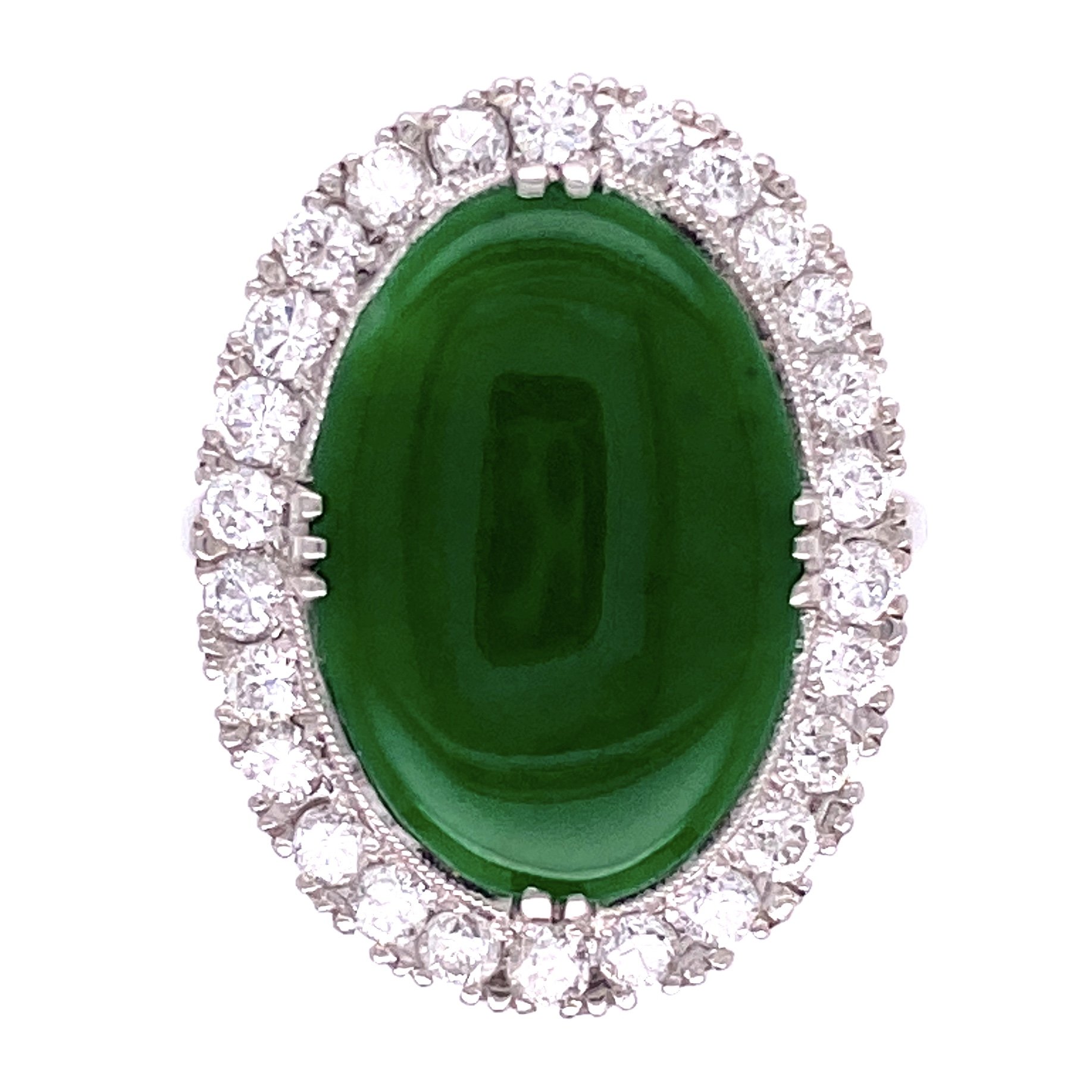 Platinum Art Deco 9ct Oval Jade Ring, .80tcw diamonds, c1930's, s6