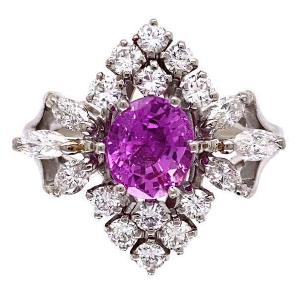 Closeup photo of 18K White Gold 1.25ct Pink Sapphire & .90tcw diamond Ring c1960's, s6