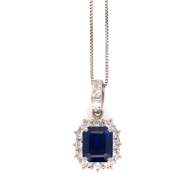 Closeup photo of Platinum 850 1.35ct Emerald Cut Sapphire & .43tcw Diamond Necklace 18"