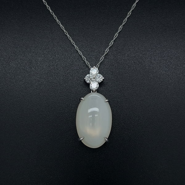 Closeup photo of 18K White Gold 9.81ct Cabochon Moonstone Pendant .40tcw diamonds, 16"