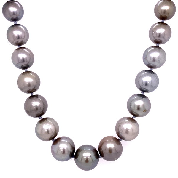 Closeup photo of 12.75-9.25mm Tahitian South Sea Pearl Graduated Necklace 17.5" long wiht 18K White Gold Clasp 71.2g