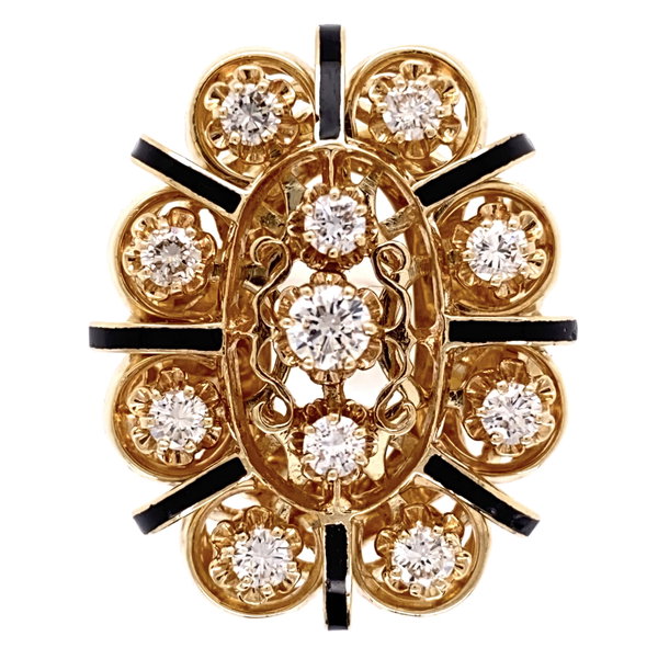 Closeup photo of 14K Yellow Gold Victorian 1.20tcw Diamonds & Black Enamel Ring 17.7g, s7.25
