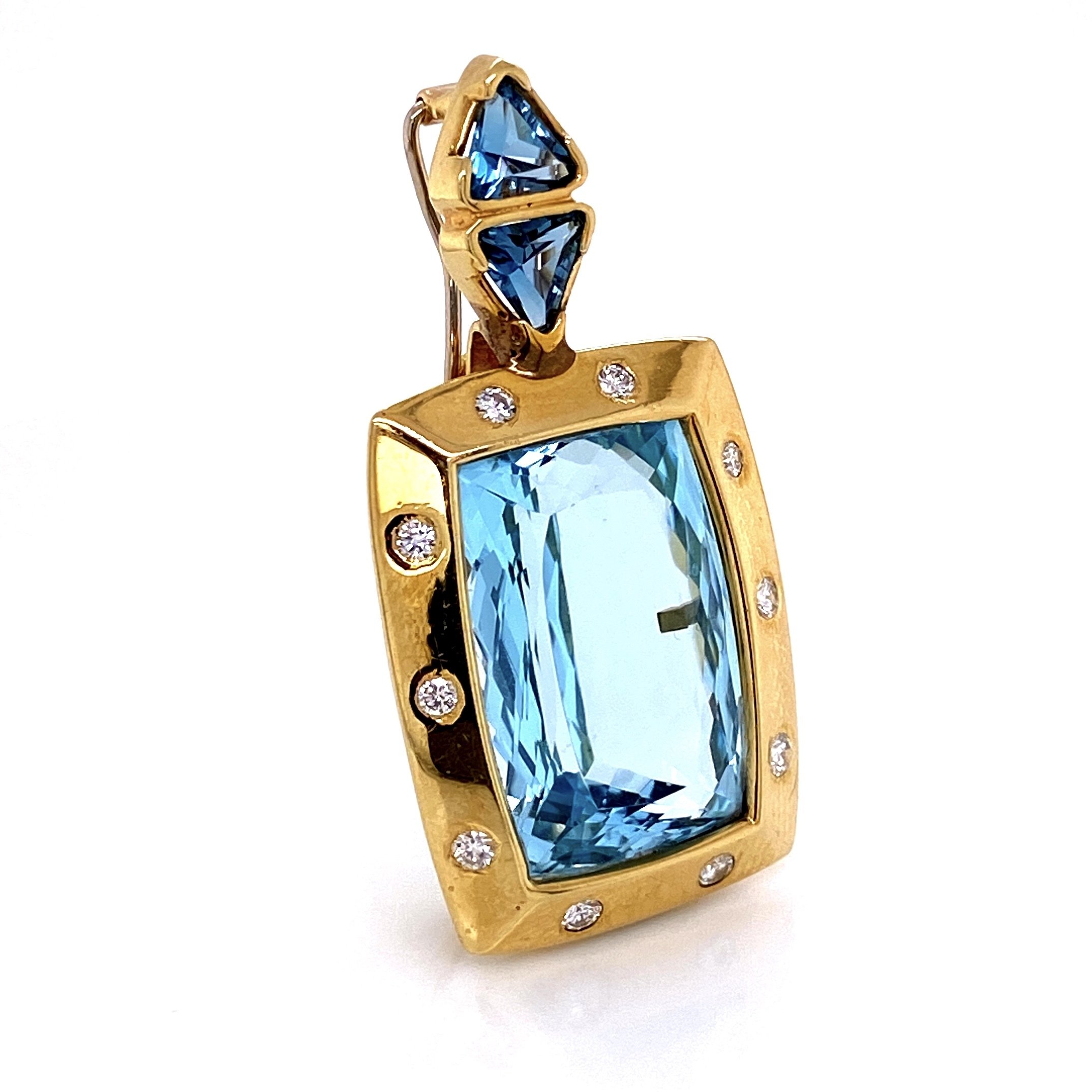 18K Yellow Gold 20ct Blue Topaz Custom Pendant Enhancer .70tcw Diamonds 24.0g, 1.75" tall