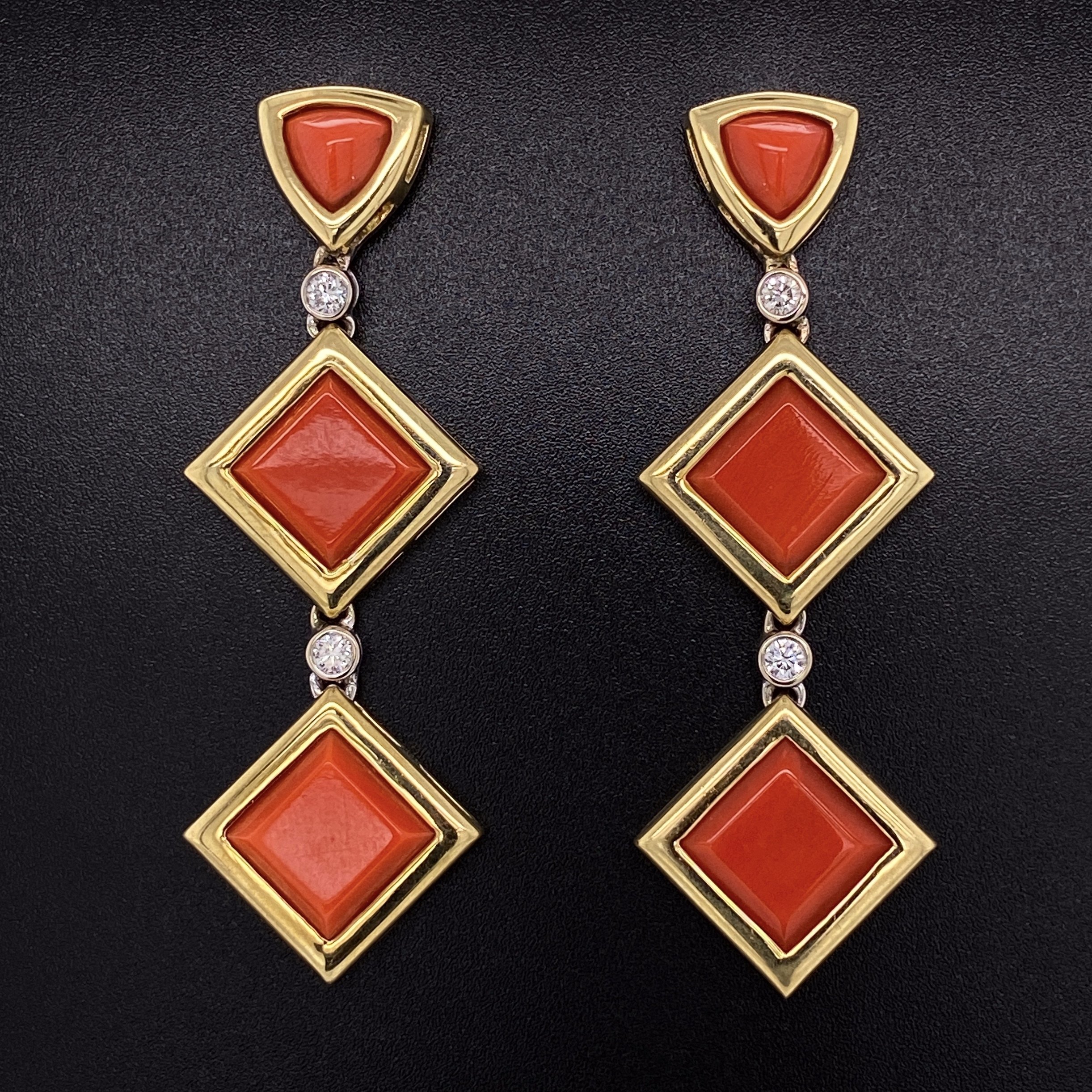 18K Yellow Gold Drop Earrings with 6 Square Deep Red Coral are 45.00tcw & 4 Diamonds are .24tcw 16.2g, 2.25" tall, .75" wide