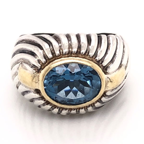 Closeup photo of 925 & 18K Yellow Gold ITALY ALS Oval Blue Topaz Ring 11.5g, s7