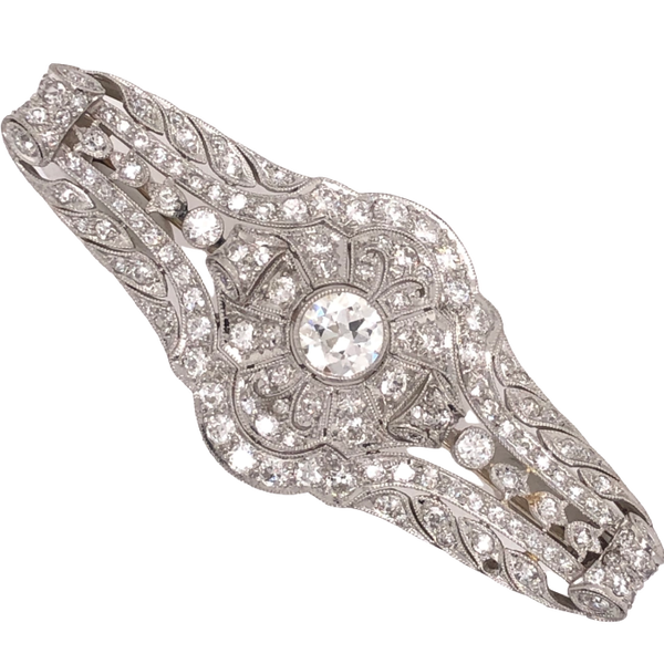 Closeup photo of Platinum Art Deco Diamond Filigree & Milgrain Brooch Pin .75ct Old European Cut & 3.40tcw OEC Diamonds 11.3g, 2.25" Long