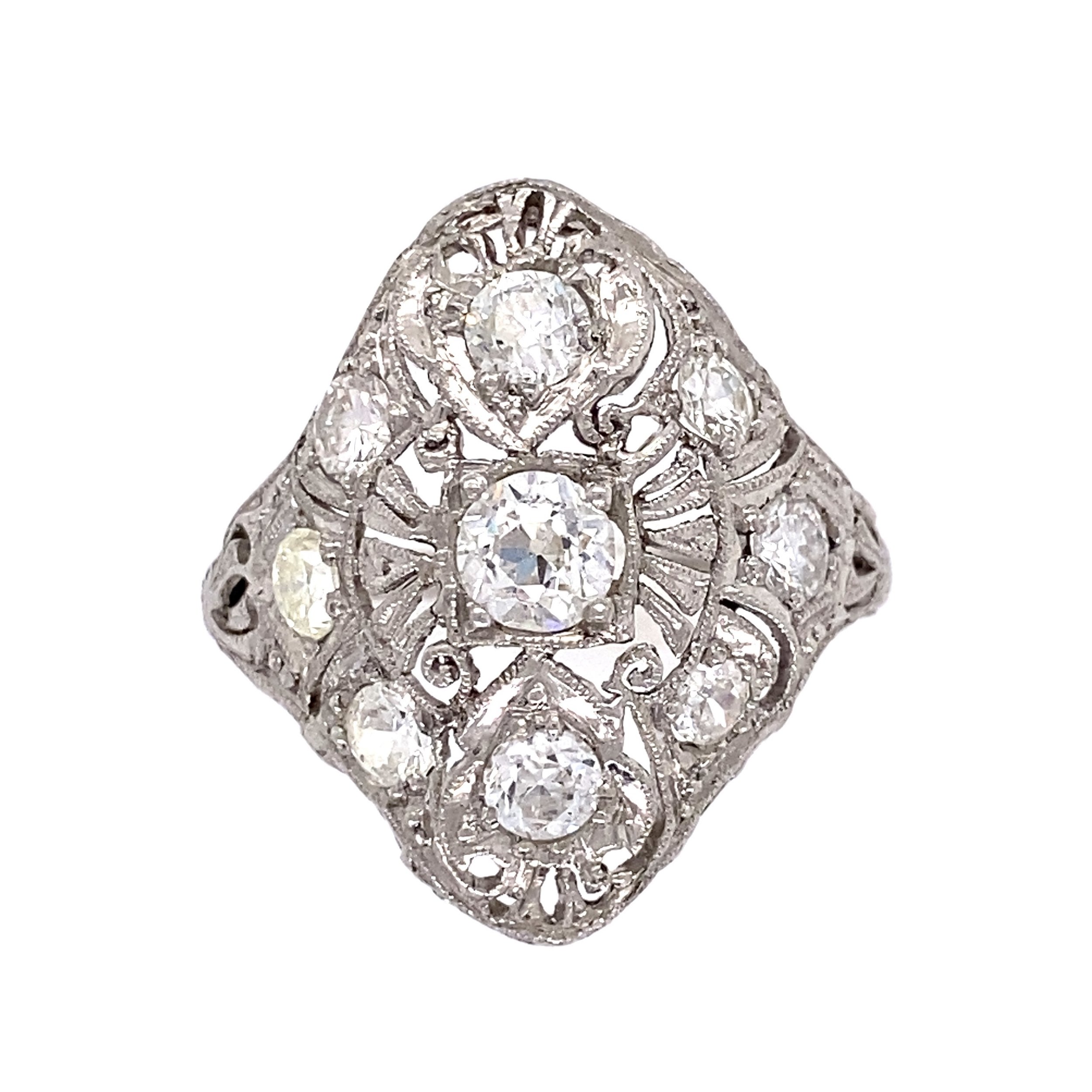 Platinum Art Deco .40ct Old European Cut & 1.10tcw Side Diamond Navette Shape Ring 5.1g, s7.25