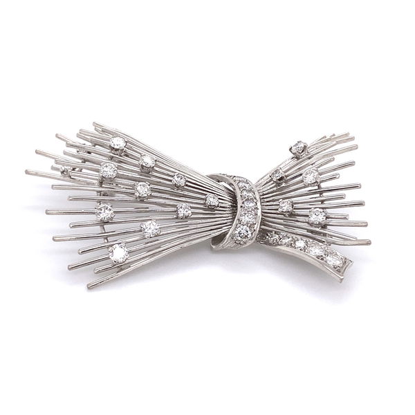 Closeup photo of 18K White Gold 1950's Diamond Spray Brooch 2.00tcw MN, 13.5g 2 3/8" Wide