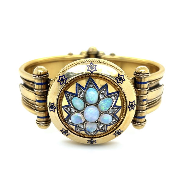 Closeup photo of 18K Yellow Gold Victorian Diamond Enamel Large Bangle Bracelets 2.20tcw Opal, .70tcw Diamonds 63.8g