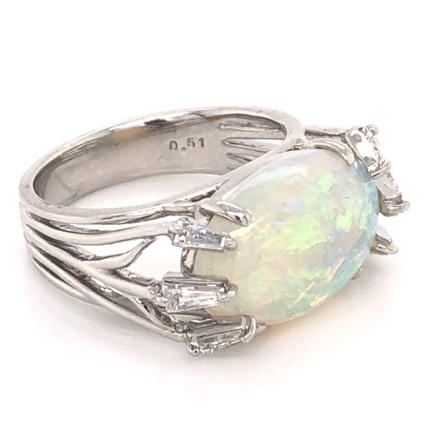 Closeup photo of Platinum 5.00ct Australian Opal & .51tcw Diamond Ring c1970, s6.5