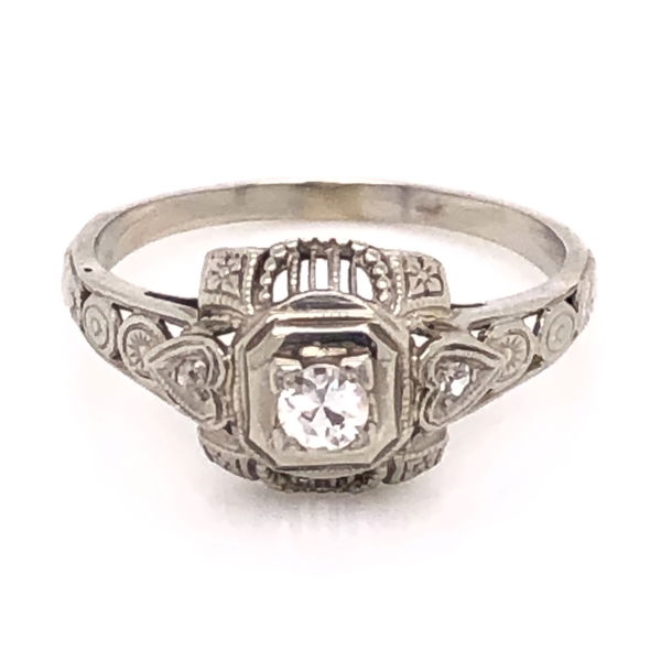 Closeup photo of 18K White Gold Art Deco Filigree Ring with .13ct Antique Diamond, s6.5