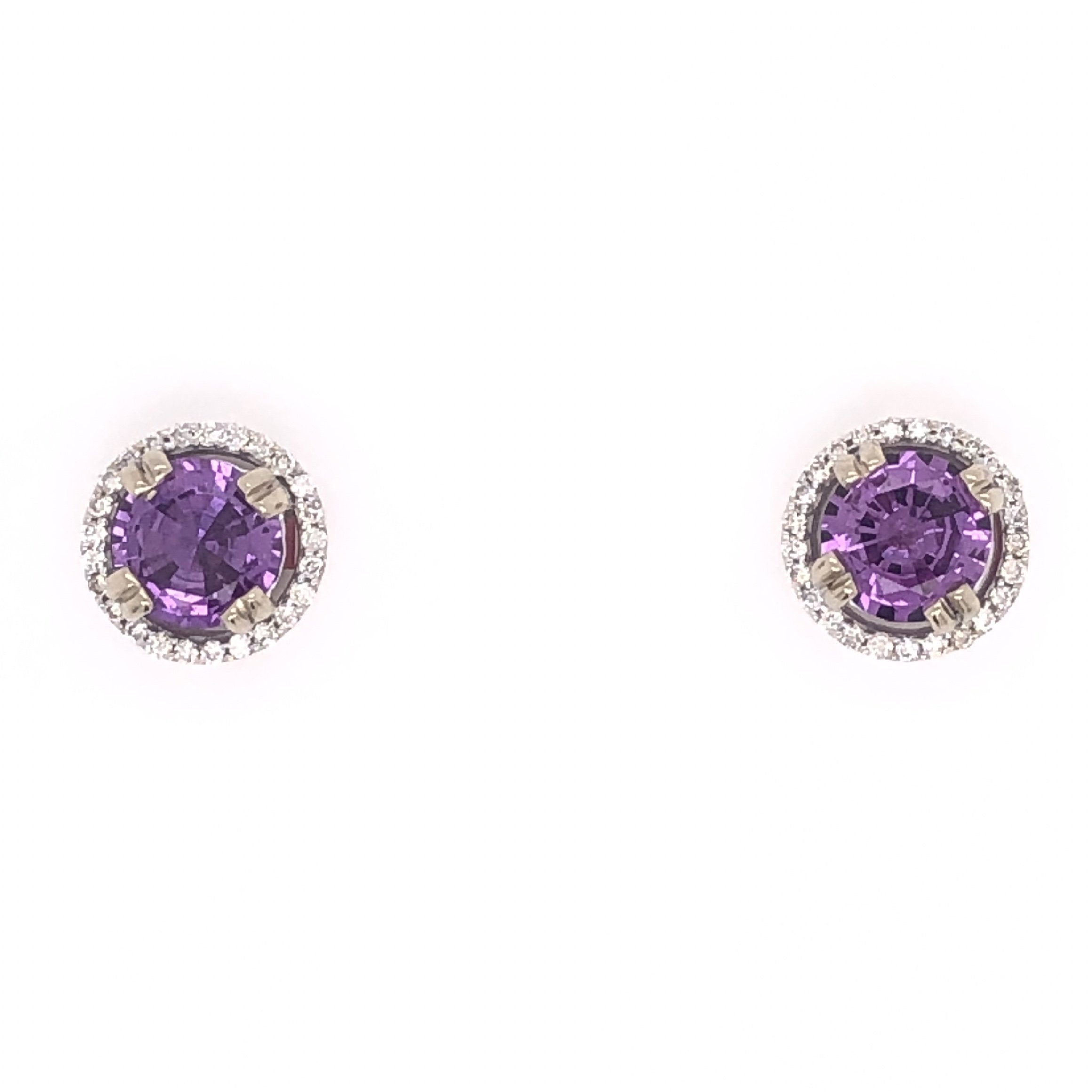 14K White Gold 1.87tcw Pinkish Purple Round Sapphire Stud Earrings withe .34tcw Diamonds 11/16" Diameter