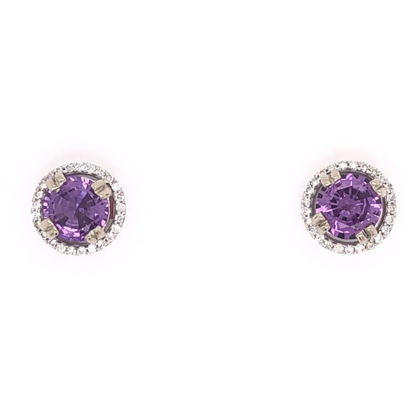 Closeup photo of 14K White Gold 1.87tcw Pinkish Purple Round Sapphire Stud Earrings withe .34tcw Diamonds 11/16" Diameter