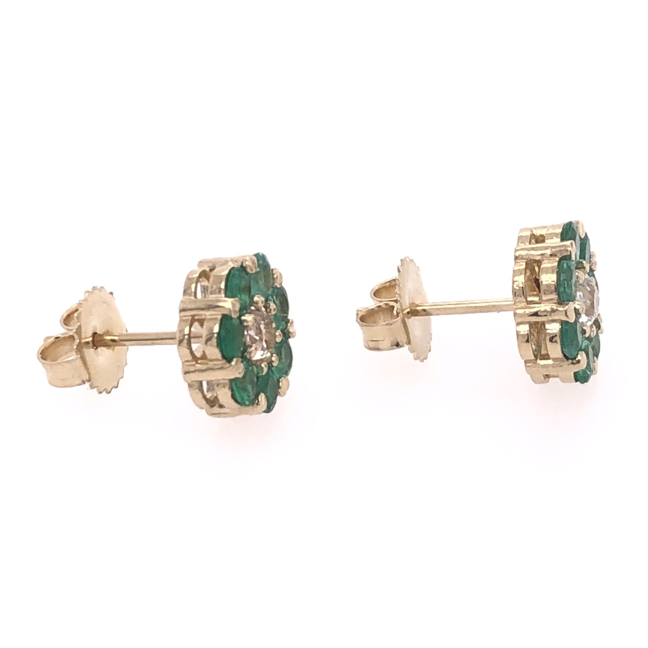 14K Yellow Gold Cluster Stud Earrings 1.80tcw Round Emeralds & .50tcw Diamonds .5" Diameter