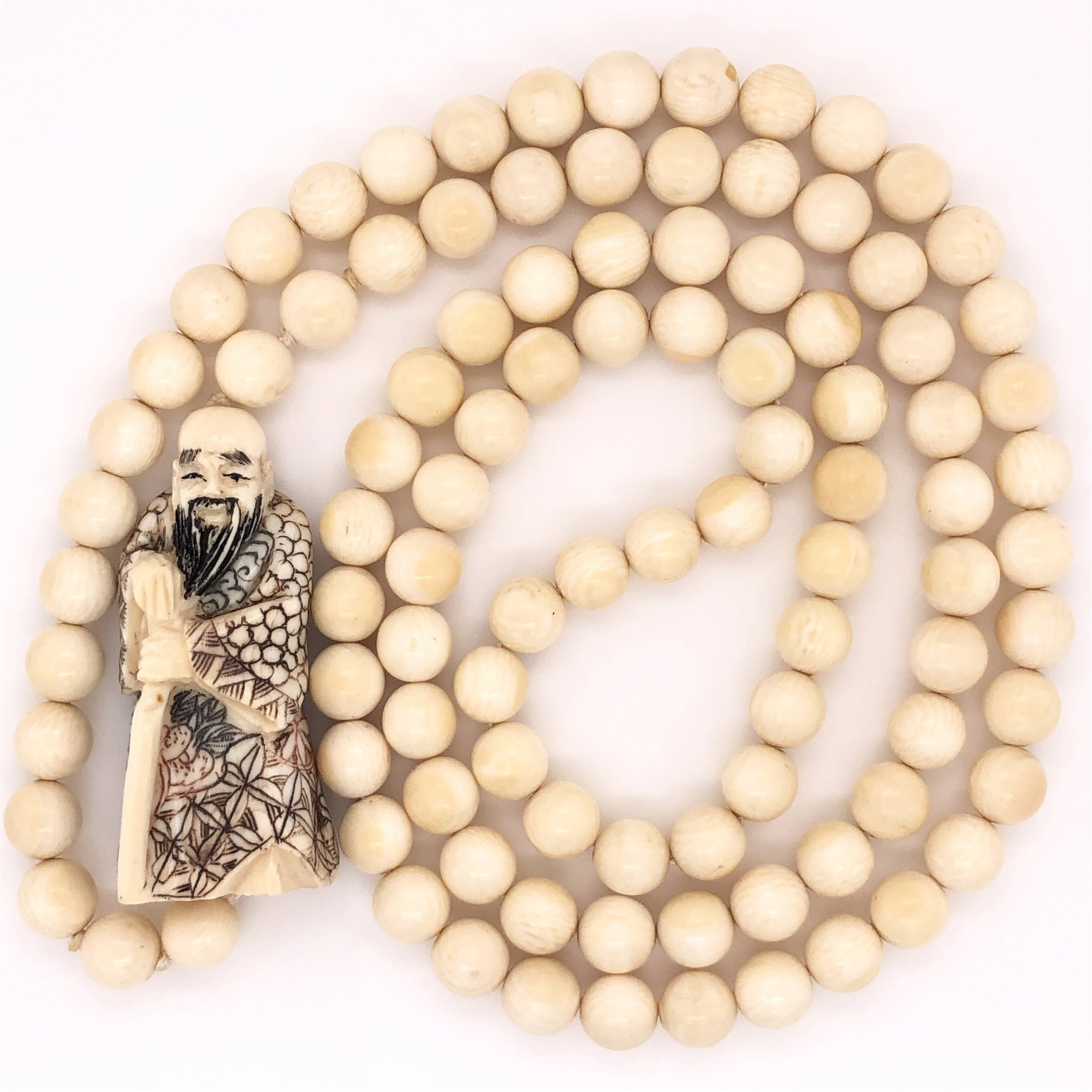 Natural Chinese Bead & Carved Bone Necklace 56.0g, 32" Long