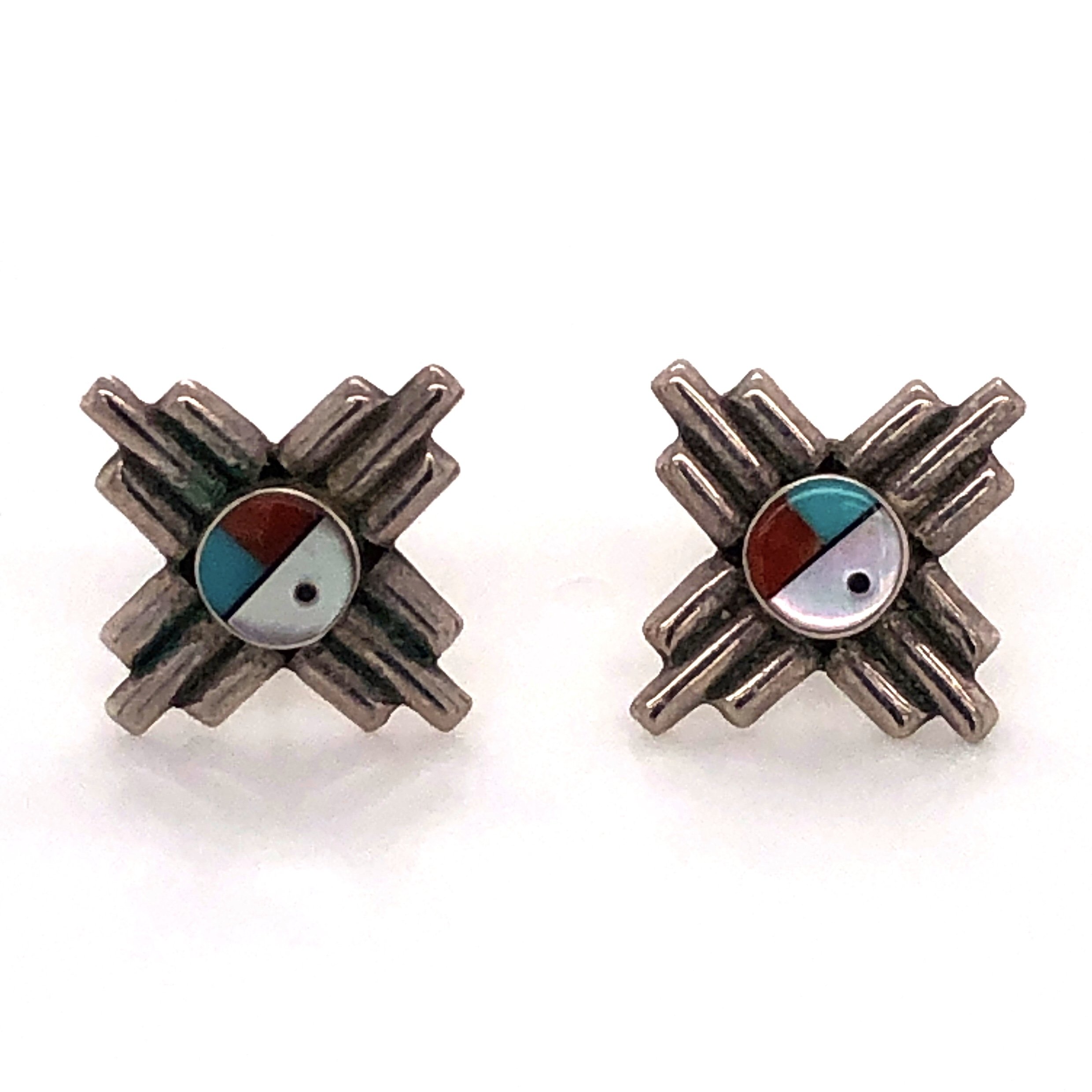 925 Sterling Native Old Pawn Sunburst Mother of Pearl, Turquoise, Coral & Onyx Stud Earrings 5/8" Diameter