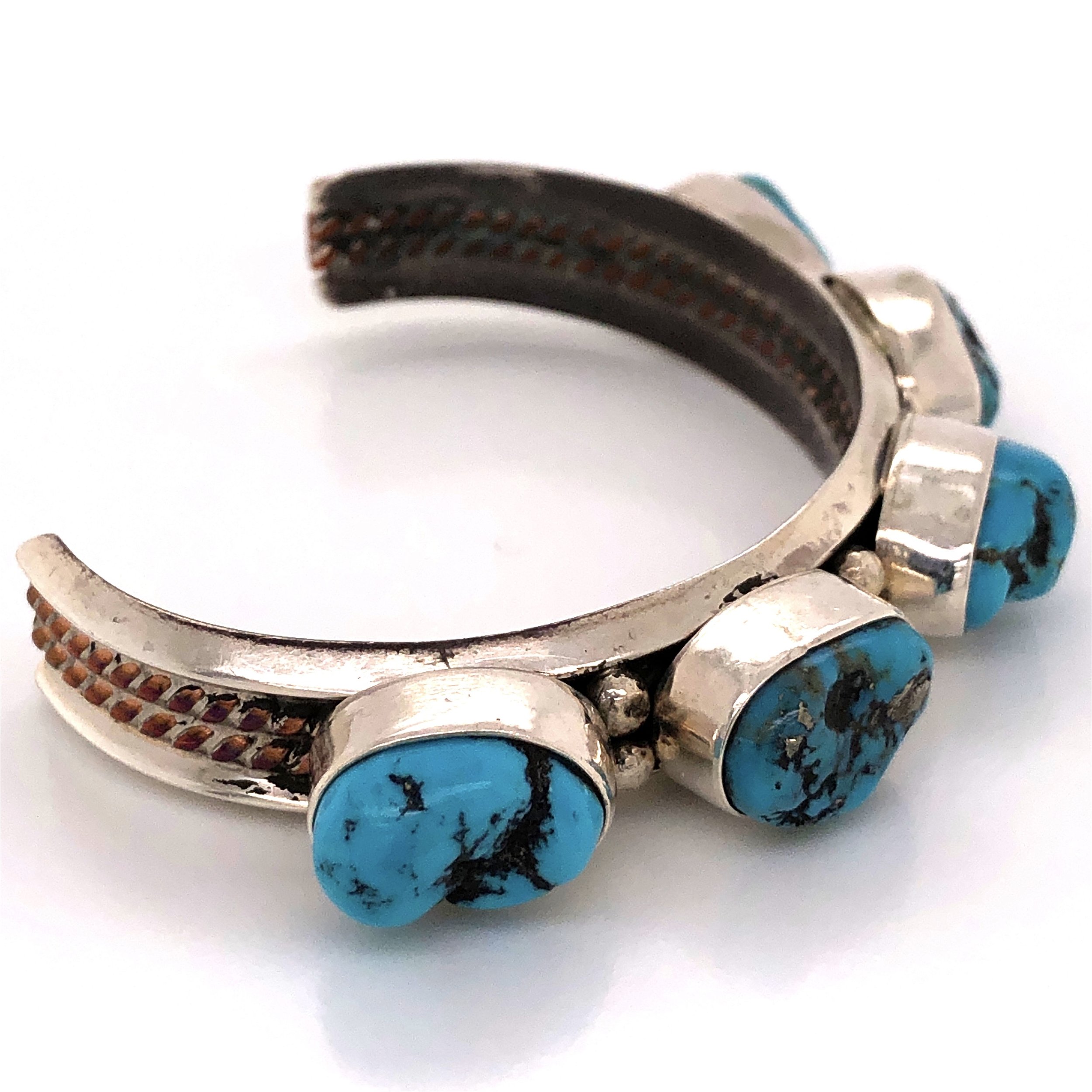 925 Sterling Native Old Pawn 5 Station Turquoise Nugget Cuff Bracelet 41.6g, .5" Wide