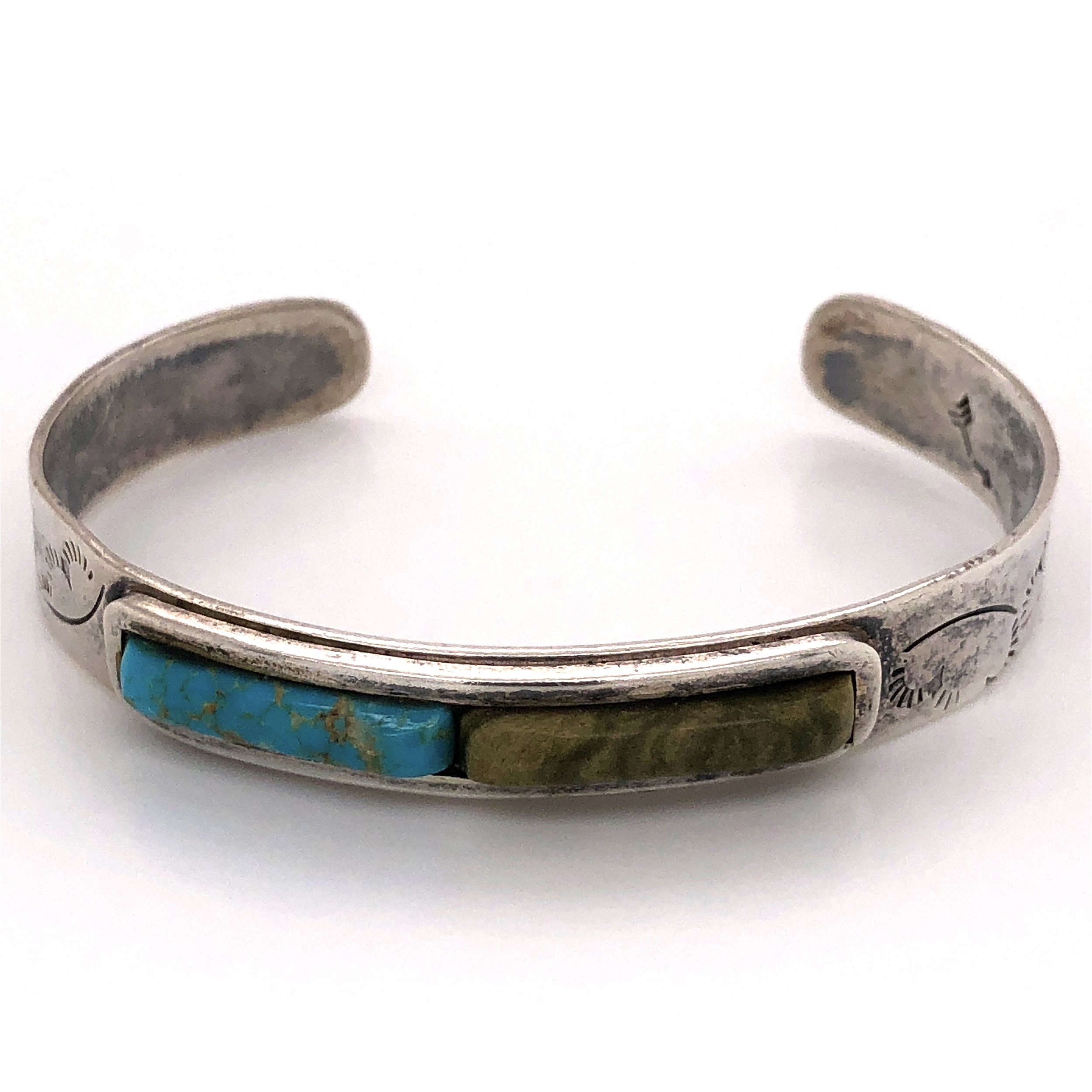925 Sterling Native Old Pawn Turquoise & Green Stone Cuff Bracelet 16.1g, 3/8" Wide