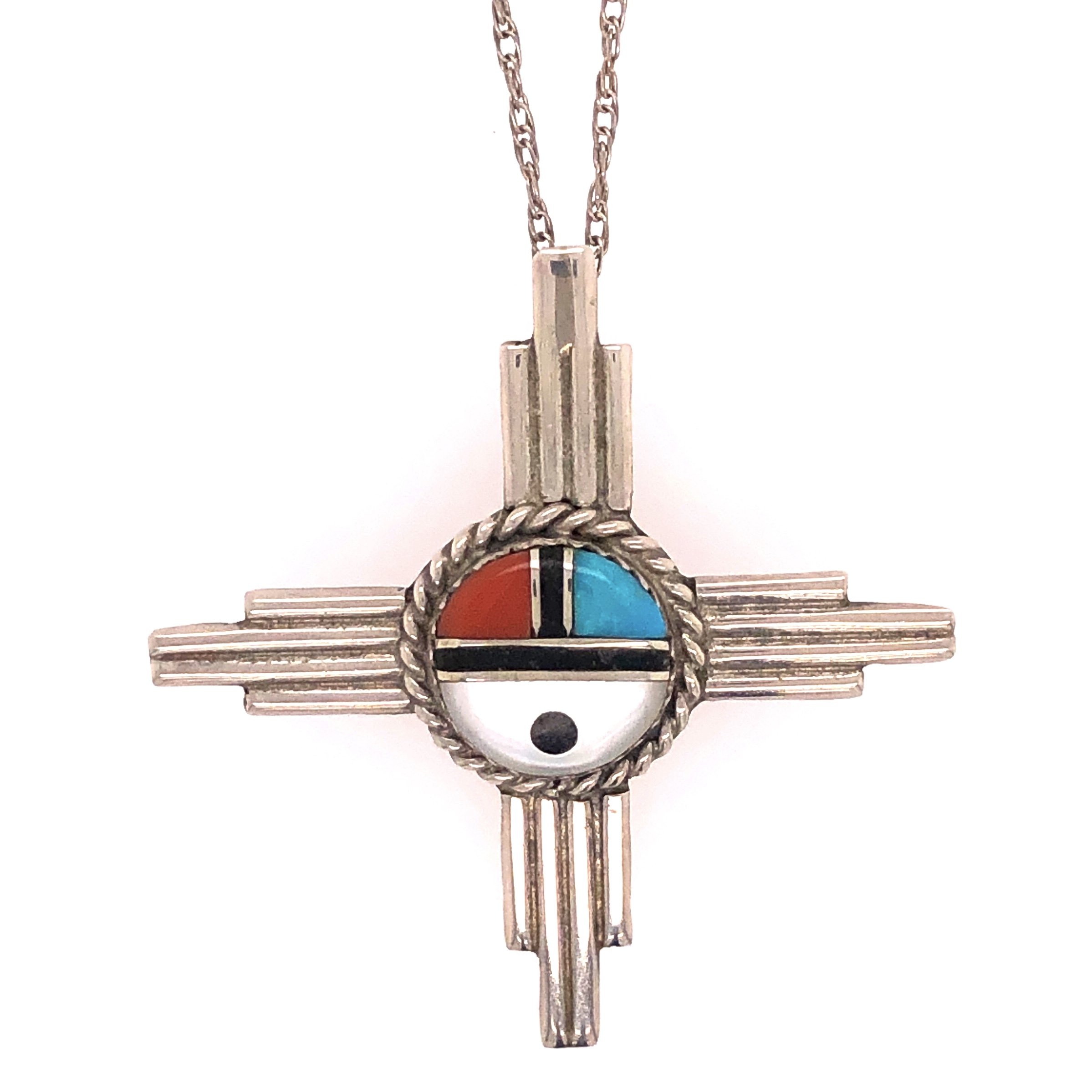 925 Sterling Native Old Pawn HOPI Turquoise, Coral, MOP & Onyx Pendant Necklace 6.5g, 1.75" Diameter, 19" Chain