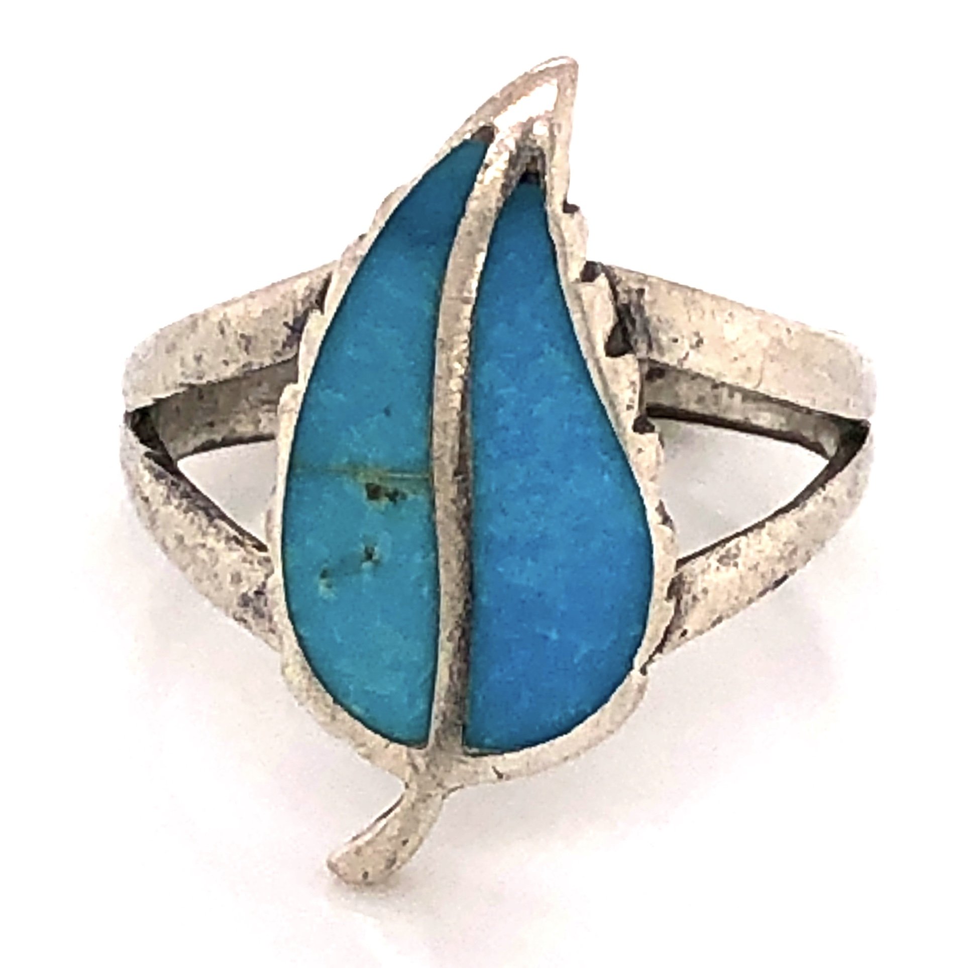 925 Sterling Old Pawn Native Split Shank Turquoise Inlay Leaf Ring 2.7g, s6