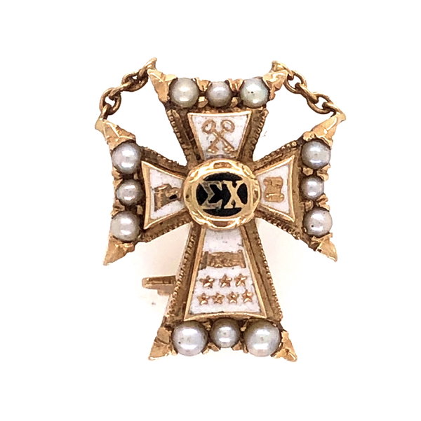 Closeup photo of 14K Yellow Gold Sigma Chi Cross Badge Brooch Pin 2.8g Enamel & Seed Pearls