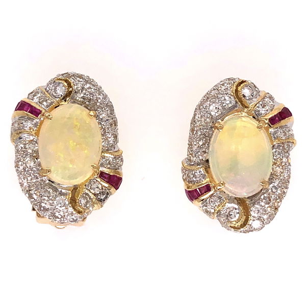 Closeup photo of 18k yellow gold (2)2.00tcw w. opal and 1.75tcw diamond earrings with rubies2756trnova