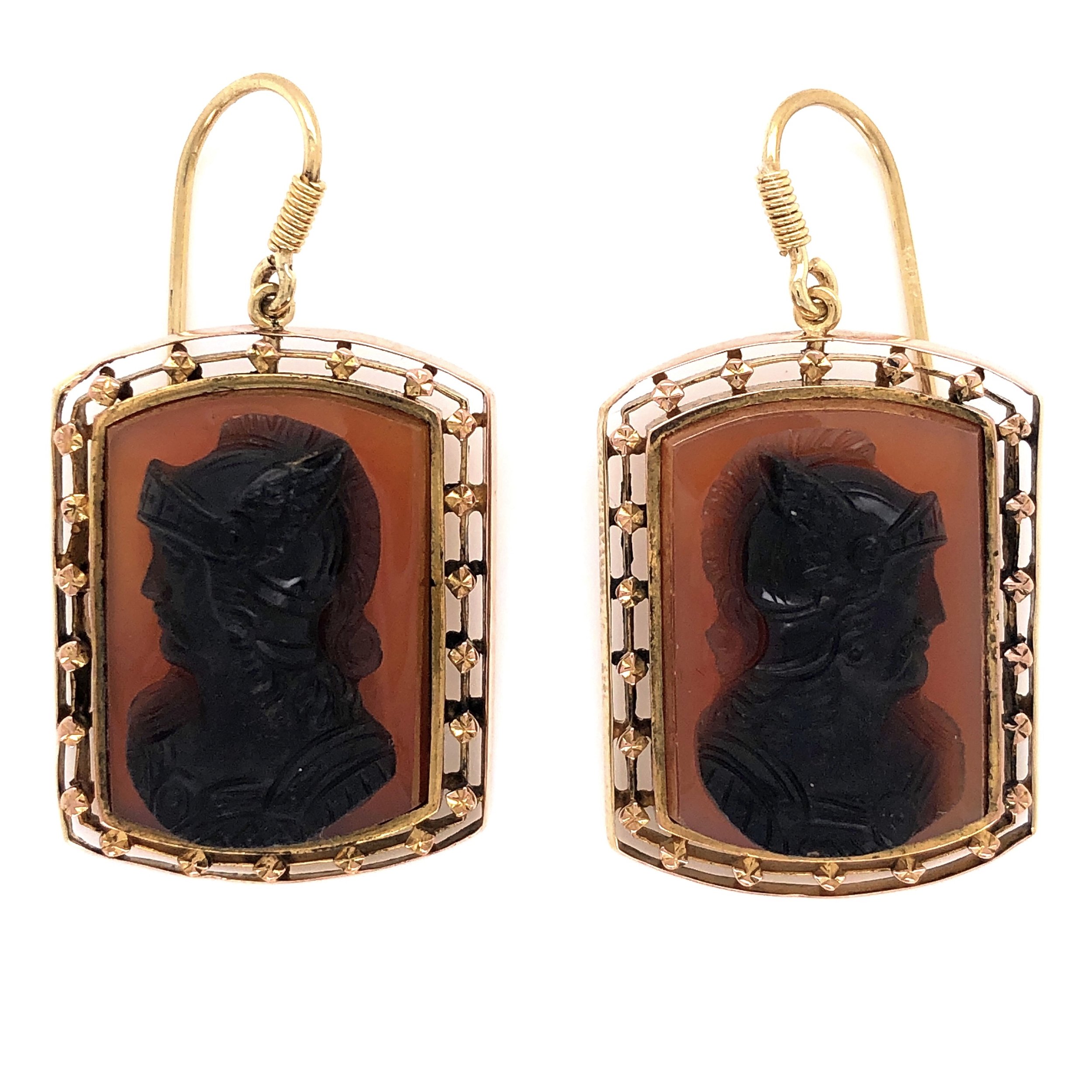 14K Yellow Gold Victorian Earrings carved Cameo 12.2g c1870's