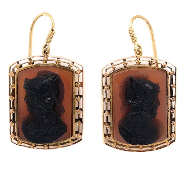Closeup photo of 14K Yellow Gold Victorian Earrings carved Cameo 12.2g c1870's