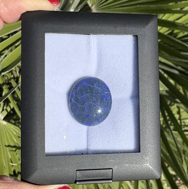 Closeup photo of Lightning Ridge Australian 19ct Oval Black Opal with Purple Play of Color! Has Crazing