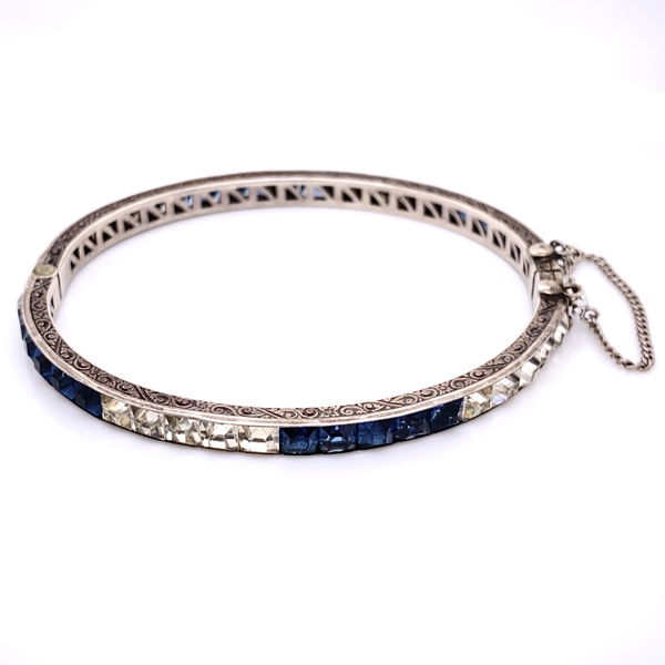 Closeup photo of 925 Sterling Synthetic Sapphire & White Glass Engraved Cuff 12g, 7"