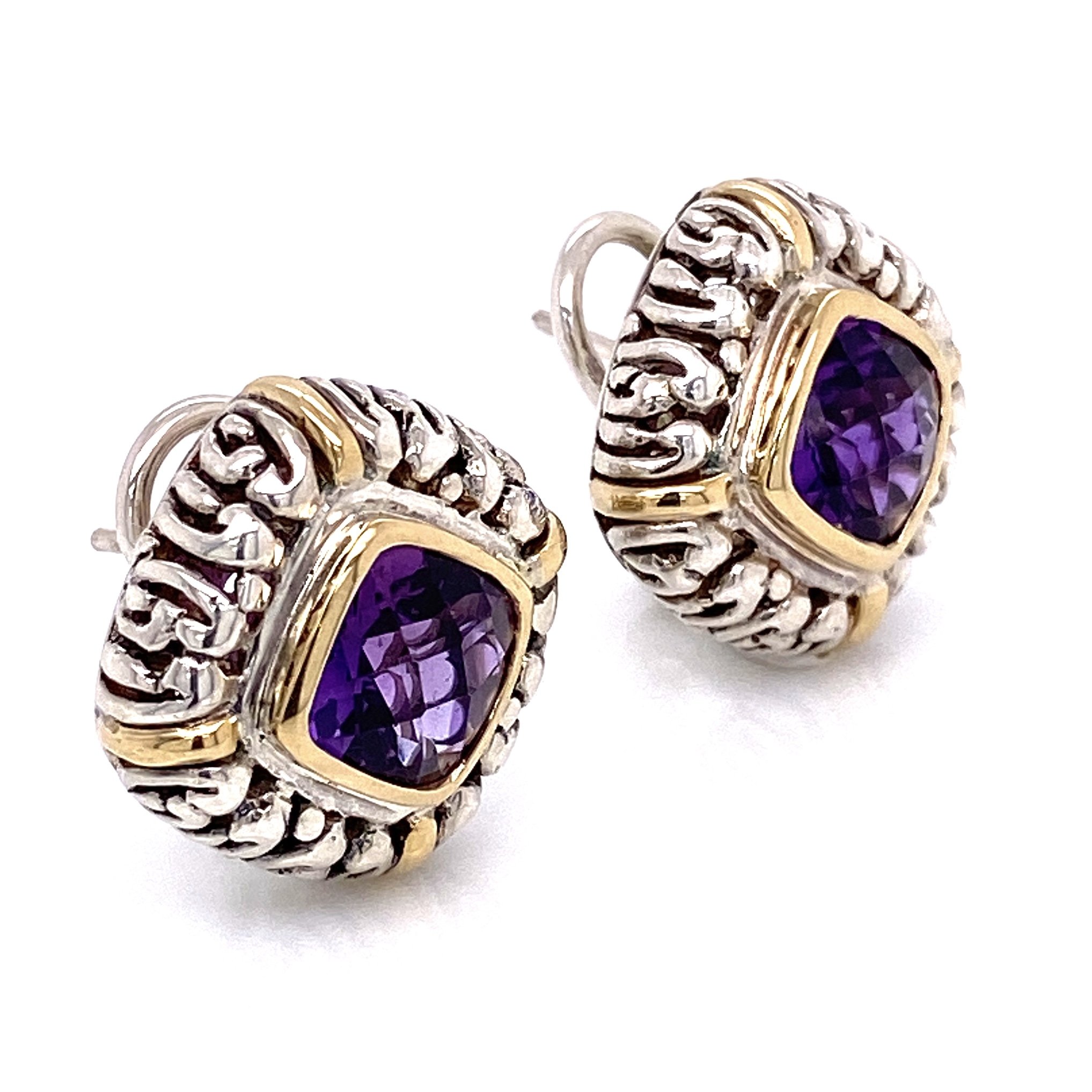 18K & 925 Sterling Cushion Amethyst Earrings with French Clips 12.2g