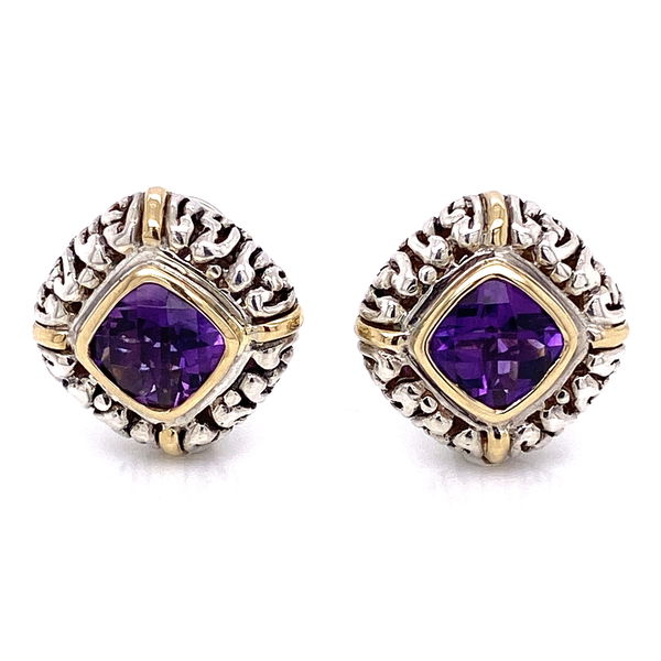 Closeup photo of 18K & 925 Sterling Cushion Amethyst Earrings with French Clips 12.2g