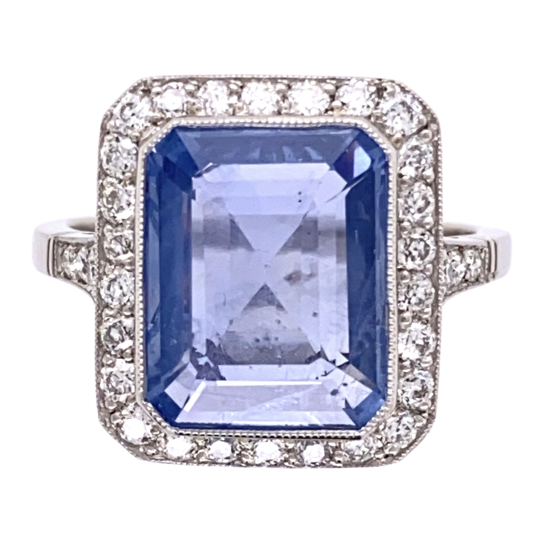 Platinum Art Deco 4.89ct Emerald Cut Blue Sapphire & .65tcw Diamond Ring 6.1g, s7