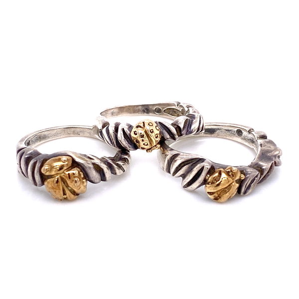 Closeup photo of 925 / 14K Yellow Gold Diane Malouf Triple LADY BUG Ring Set 11.9g, s6.5