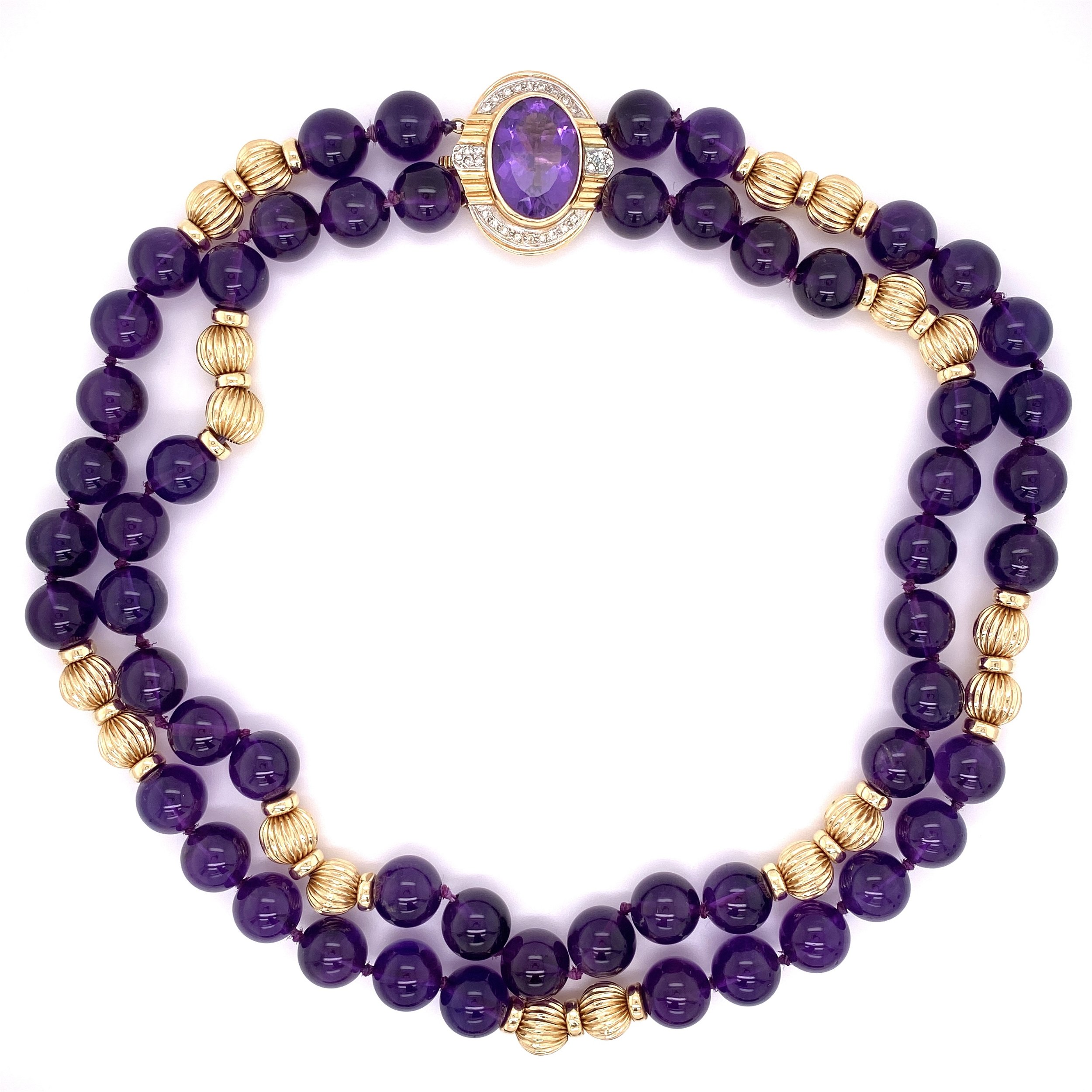 14K Yellow Gold 10mm Amethyst Bead Necklace with .25tcw Diamond Clasp 88.0g, 15"