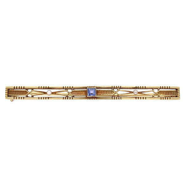 Closeup photo of 14K Yellow Gold Vintage Bar Pin 3.66g Syn. Sapphire 2.25" Long