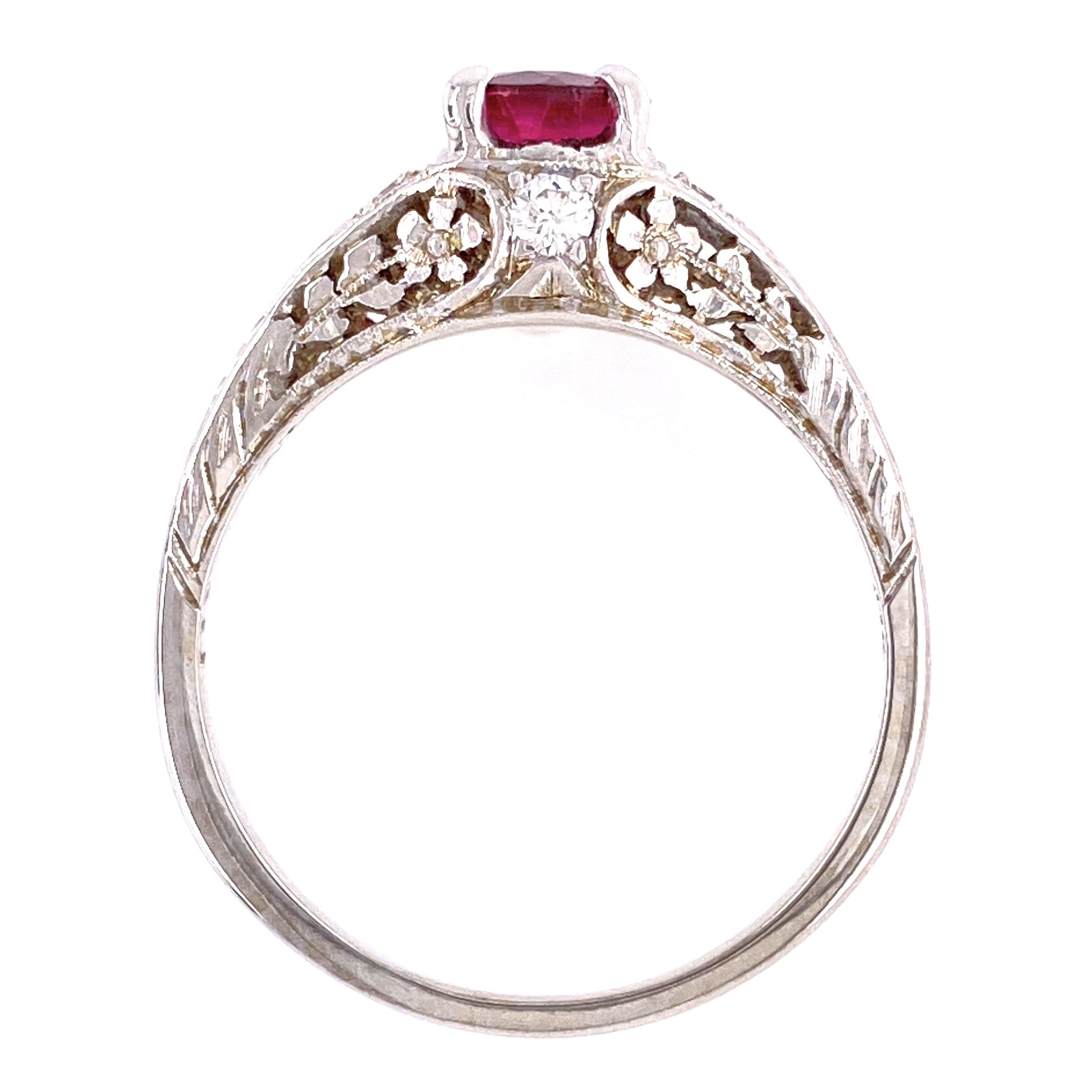 14K White Gold .97ct Red Spinel & .20tcw Diamond Engraved Ring 3.3g, s8.5