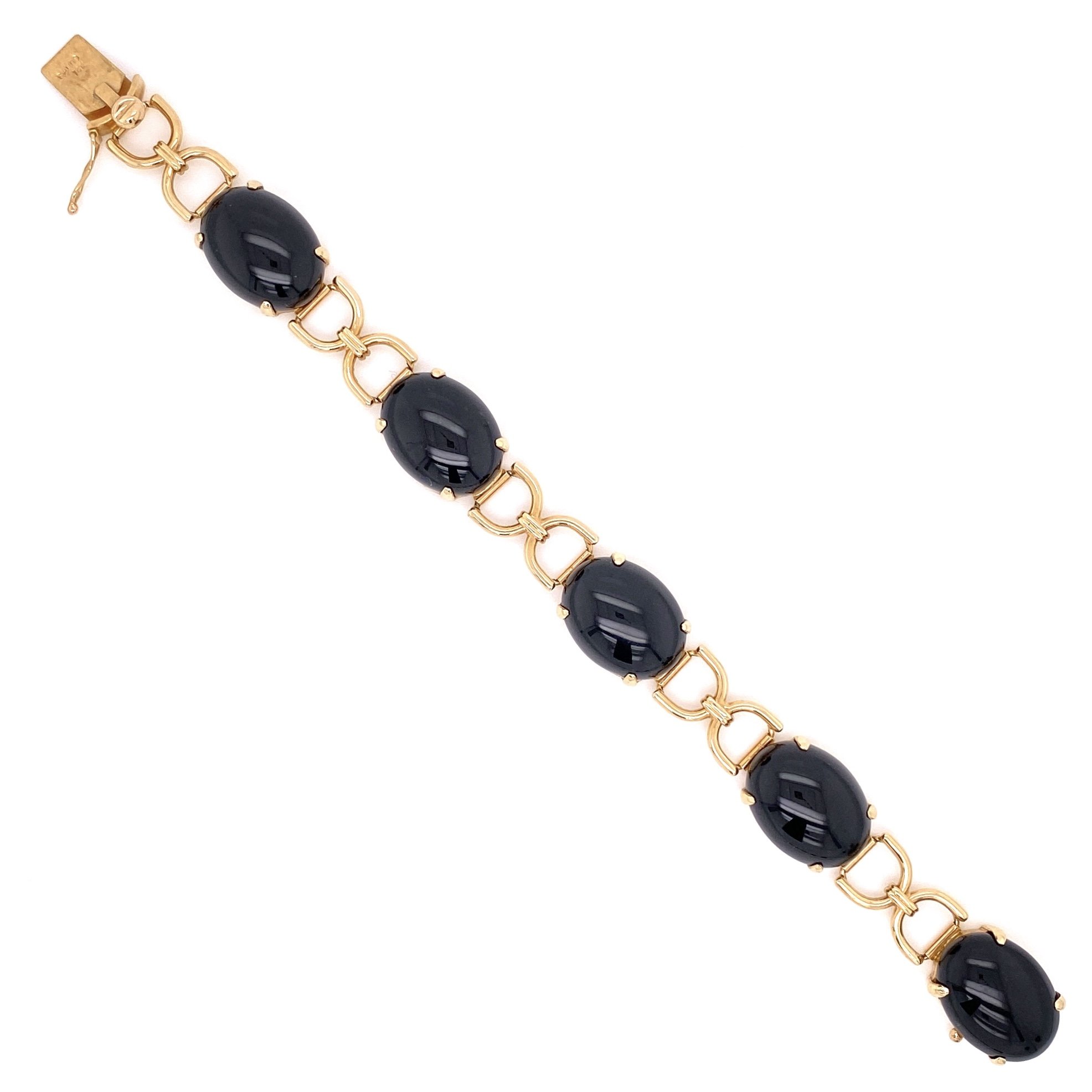 14K Yellow Gold GUMP'S Black Jade Link Bracelet 18.0g, 6"
