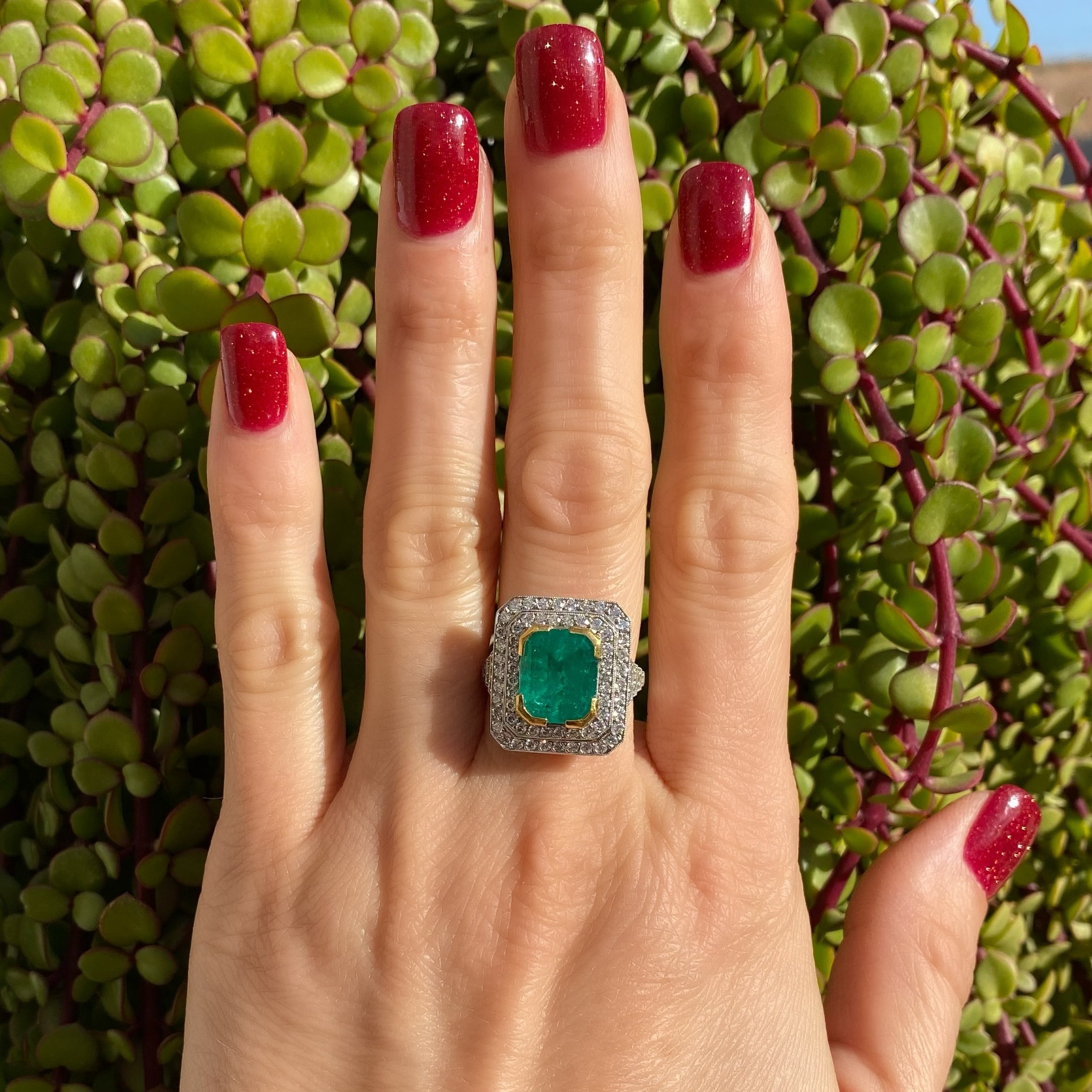 Platinum 4.52ct Emerald Cut Emerald Ring with 1.05tcw Diamonds 9.5g, s7