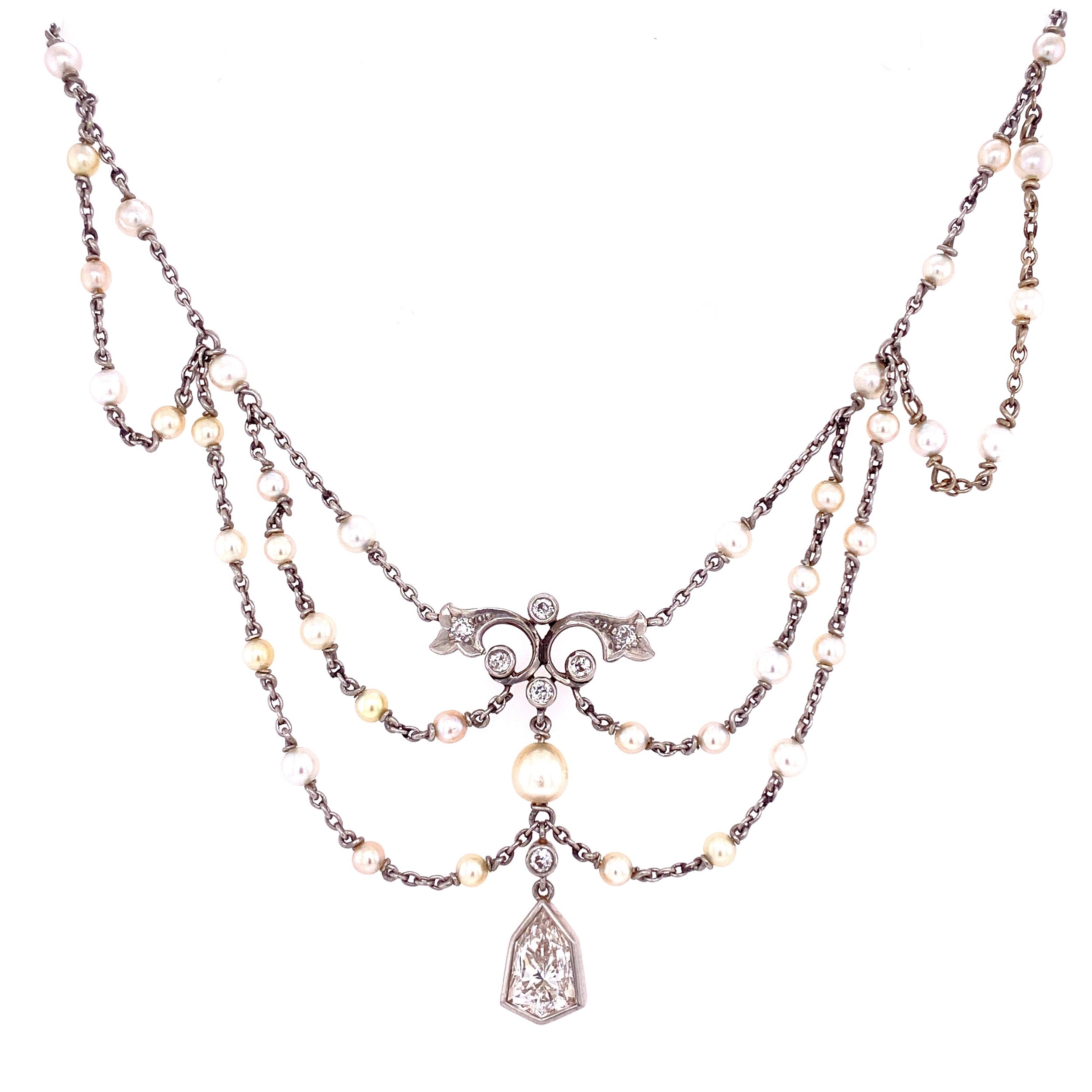 Platinum 18K YG Edwardian 1.50ct Diamond & Seed Pearl Bib Necklace 1.25tcw
